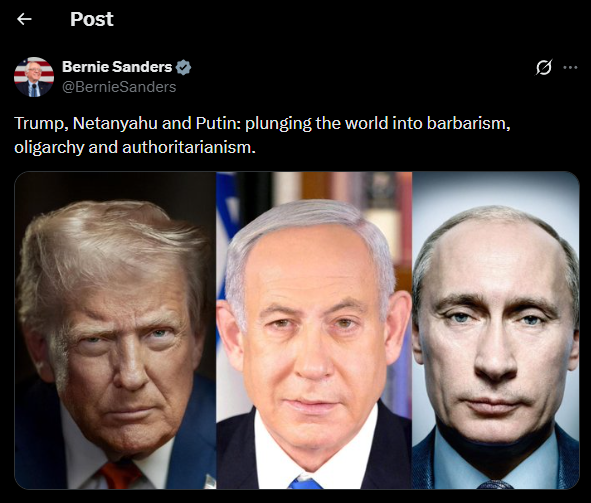 MRcpn7's tweet image. 🔴Bernie Sanders:

Trump, Netanyahu and Putin: plunging the world into barbarism, oligarchy and authoritarianism.

#trump #DONALDTestify