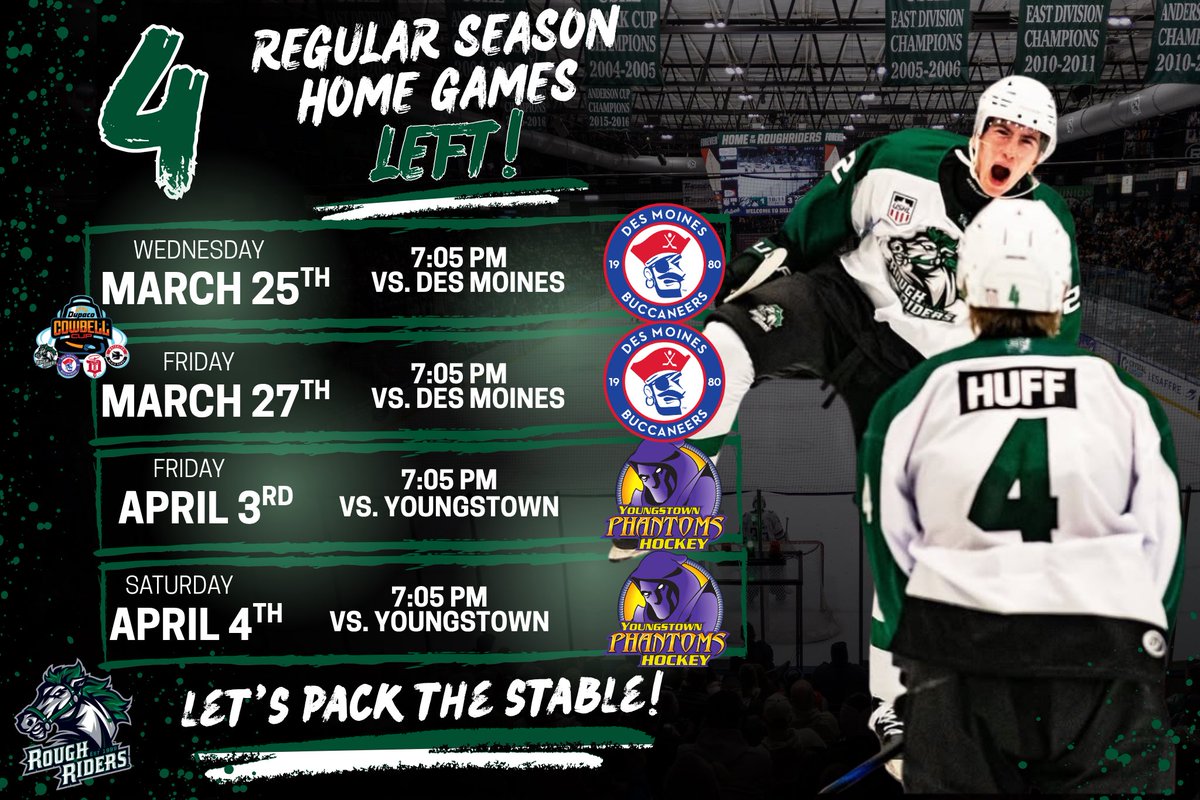 RidertownUSA's tweet image. Only 4️⃣ regular season home games left Ridertown

The push continues and we need the Stable rocking.

Get your tickets now! 
🎟️ tickets.roughridershockey.com

#LetsRide #OneGameAtATime