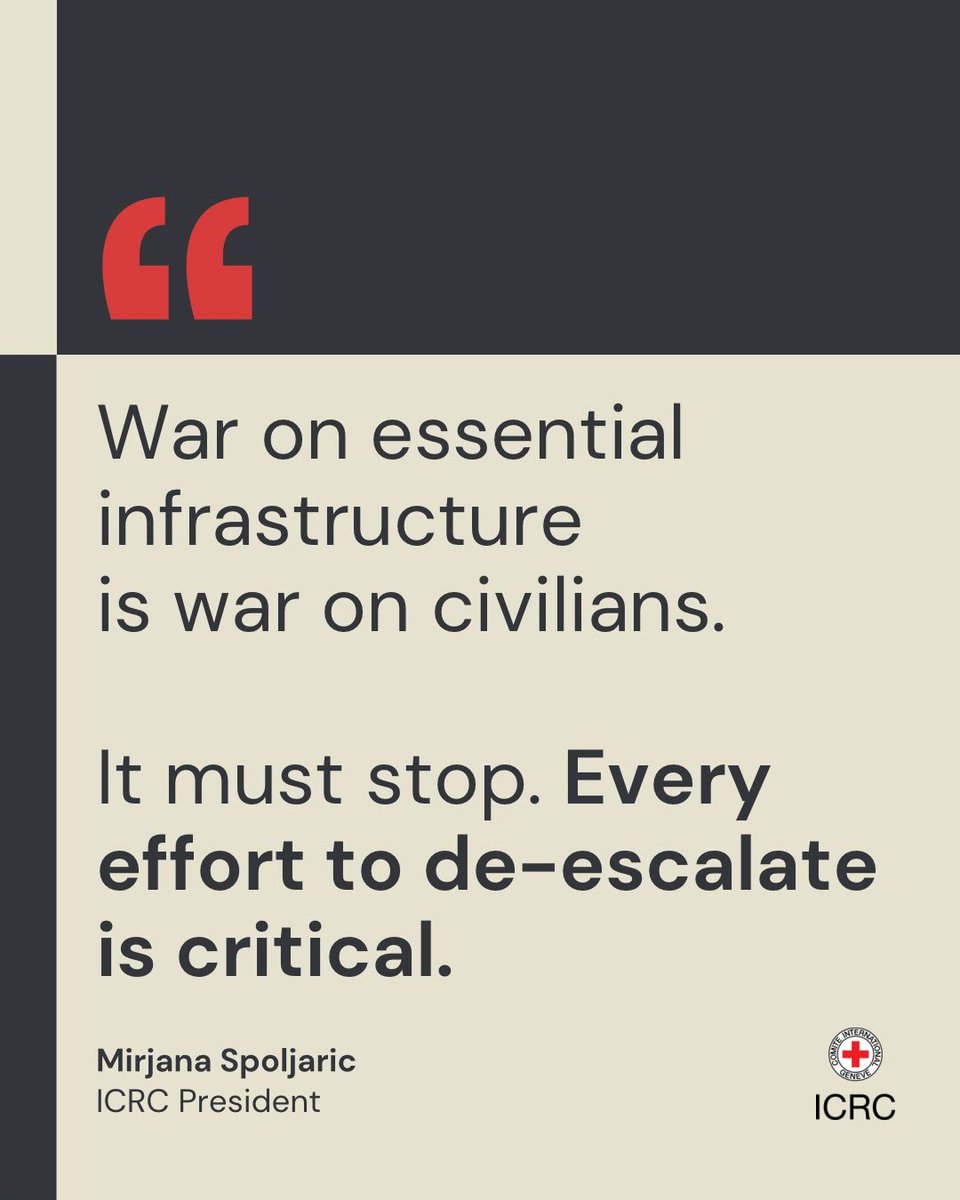 insani_yard's tweet photo. 💬“We are seeing energy, fuel, water and health-care infrastructure damaged and destroyed. This disturbing trend is not limited to the Middle East or the last three weeks; it has been pervasive in conflicts across regions.”

➡️Mirjana Spoljaric, ICRC President.

🔗 @ICRC https://t.co/xbntKMyxk4