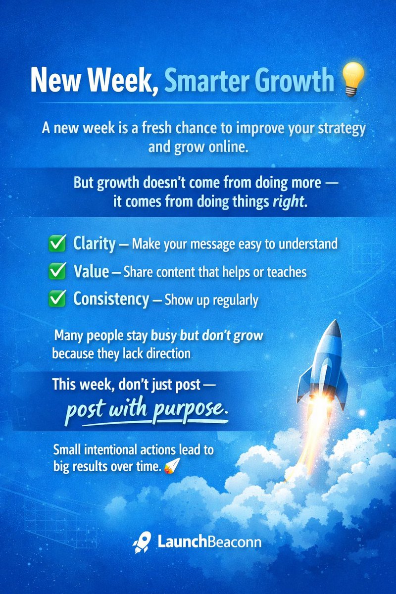 launchbeaconn's tweet photo. New Week 💡
Don’t just post — post with purpose.
Clarity. Value. Consistency.
That’s how real growth happens. 🚀
#NewWeek #LaunchBeaconn #OnlineGrowth #ContentStrateg https://t.co/hijF0IAY5g