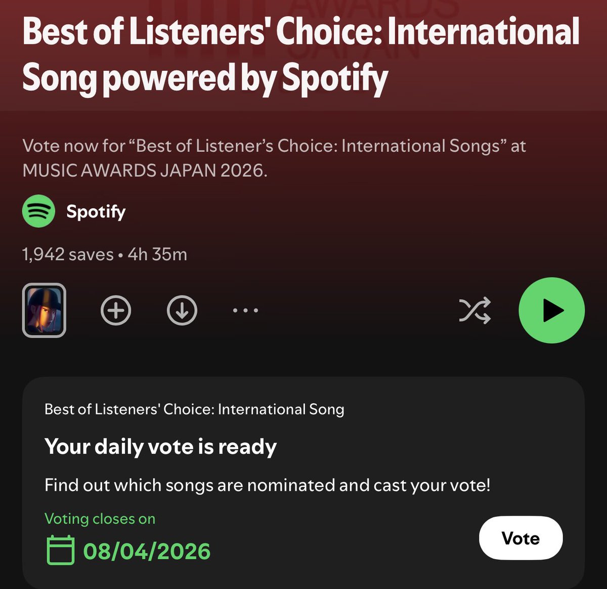 thejinfantry's tweet photo. 🗳️ Music Awards Japan | Best of Listeners’ Choice: International Song by Spotify

📣 Vote for DSYLM in Music Awards Japan Best of Listeners’ Choice! You can vote twice daily! 🏃‍♀️💨

📆 Initial voting ends on April 8
🔗 https://t.co/89LaxcFR2B https://t.co/mREnUhPfRX