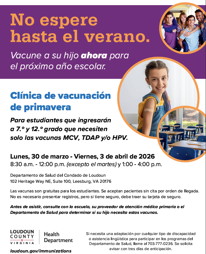 NorthStarLCPS's tweet photo. Spring Break Vaccine Clinic.  Monday, March 30 - Friday, April 3, 2026 8:30 a.m. - 12:00 p.m. (except Tuesday) and 1:00 - 4:00 p.m. Loudoun County Health Department 102 Heritage Way NE, Suite 100, Leesburg, VA 20176 https://t.co/UufDrKqojm