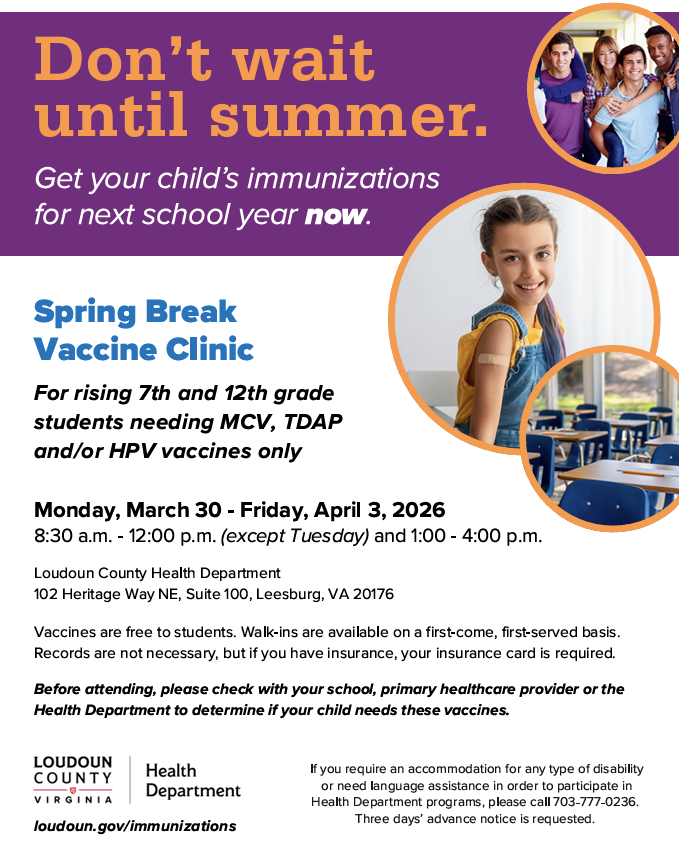 NorthStarLCPS's tweet photo. Spring Break Vaccine Clinic.  Monday, March 30 - Friday, April 3, 2026 8:30 a.m. - 12:00 p.m. (except Tuesday) and 1:00 - 4:00 p.m. Loudoun County Health Department 102 Heritage Way NE, Suite 100, Leesburg, VA 20176 https://t.co/UufDrKqojm