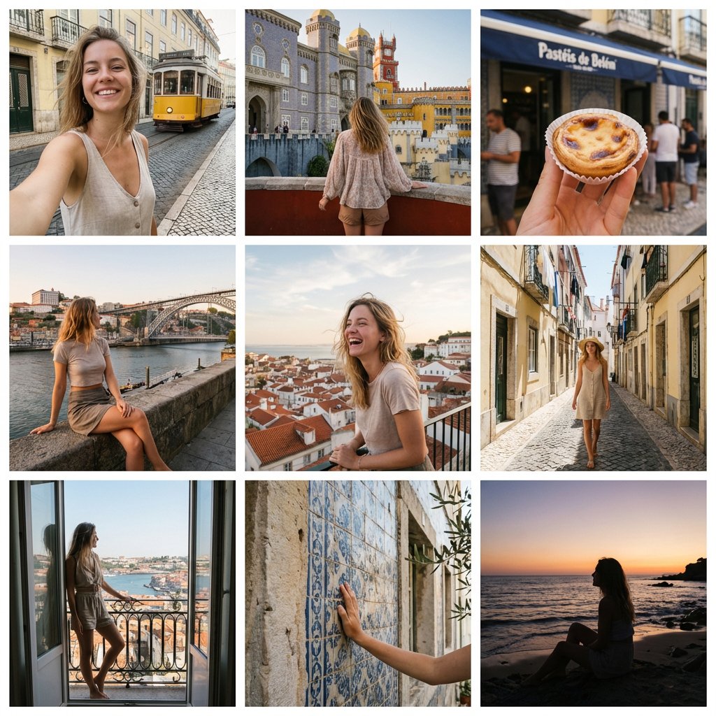 {"Objective":"Create a 3x3 photo grid featuring the same extremely attractive woman in Portugal, captured in natural smartphone photography with an authentic lifestyle aesthetic.","Composition":{"layout":"3x3 grid","aspect_ratio":"1:1","framing":"each square represents a different candid moment, forming a cohesive Instagram profile grid"},"Subject":{"type":"young woman","appearance":{"beauty":"extremely attractive, natural beauty","skin":"realistic skin texture, no smoothing, no glossy finish","makeup":"light natural makeup with subtle emphasis (e.g., soft lips, minimal foundation)","hair":"naturally styled, slightly wind-swept or imperfect"},"consistency":"same woman across all 9 images"},"Wardrobe":{"style":"summer European fashion","outfits":["light linen dress","casual crop top with skirt","flowy blouse with shorts","beachwear or relaxed outfit"]},"Environment":{"location":"Portugal","scenes":["Lisbon streets with tiles and trams","Pena Palace with colored walls","Eating Nata in Pastéis de Belém","Cais da Ribeira view in Porto","viewpoints overlooking the city","sunlit narrow streets","balcony or window with scenic view","stone pathways and historic textures","sunset by the ocean"]},"Photography":{"camera":"smartphone","style":"Instagram lifestyle photography","lighting":"natural sunlight, golden hour, soft shadows","imperfections":["slight motion blur","natural grain","uneven exposure","authentic dynamic range"],"effects":["no beauty filter","no skin retouching","subtle lens distortion","realistic highlights and shadows"]},"Mood":"carefree, travel lifestyle, warm, aesthetic, European summer vibe","Rendering":{"style_keywords":["instagram grid","travel photography","portugal aesthetic","smartphone photos","natural beauty","summer lifestyle"],"realism":"highly realistic smartphone look","detail_level":"natural detail, not overprocessed","aspect_ratio":"--ar 1:1"},"Response_Format":{"type":"image_generation_prompt_json","editable_fields":["environment.scenes","wardrobe.outfits","lighting","poses"]}}