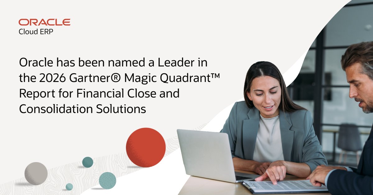 Oracle_Wayne's tweet photo. Oracle's unified, AI-powered EPM platform helps teams close faster, consolidate across ERPs, and report with audit-ready confidence. See why Oracle was named a Leader in the 2026 Gartner® Magic Quadrant™ for Financial Close and Consolidation Solutions. https://t.co/5tJF27qIsn https://t.co/sAf5lFeQgI