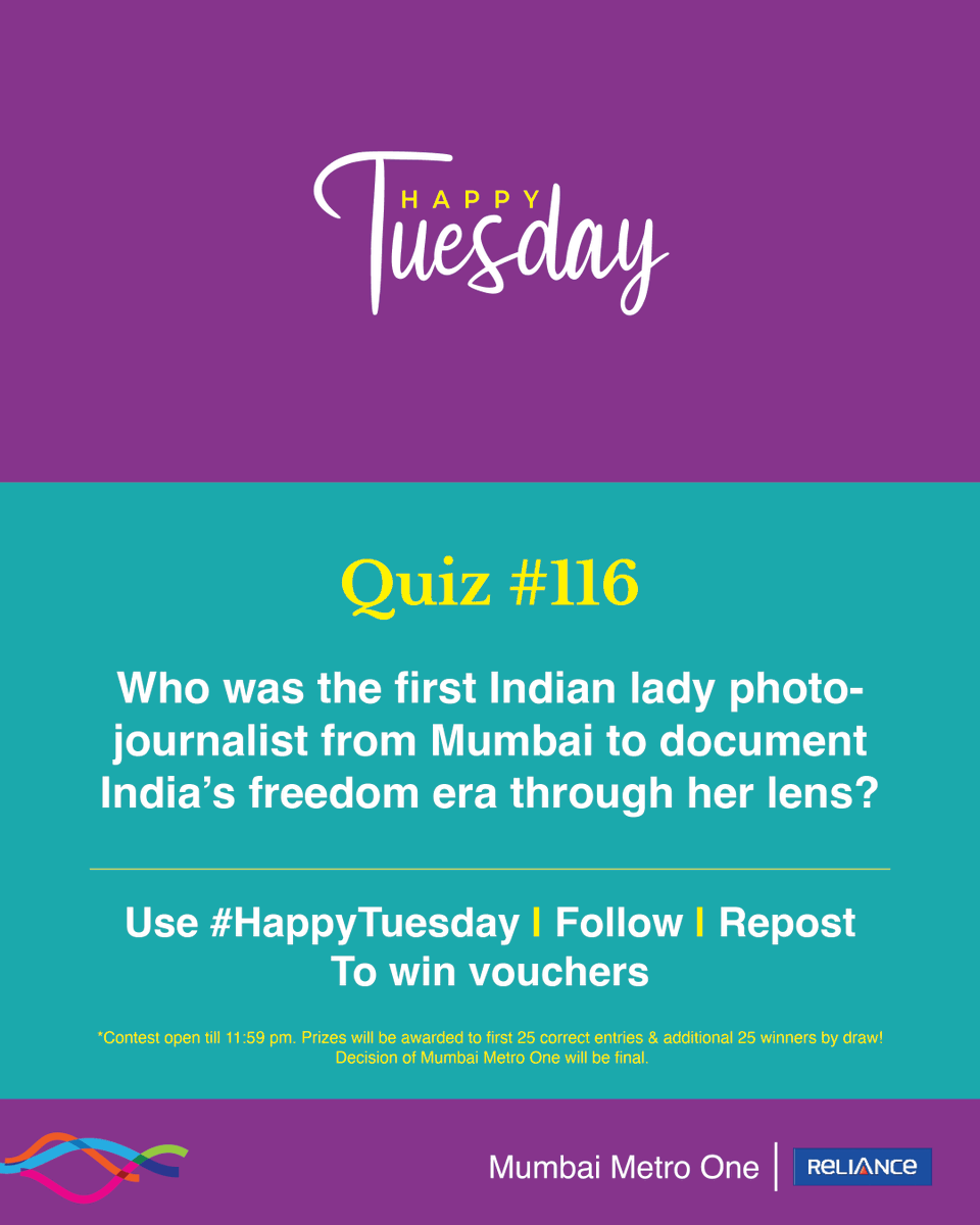 MumbaiMetro01's tweet image. #HappyTuesday quiz is here! 

The 116th edition is about the 2011 Padma Vibhushan winner known as "The Lens Lady".

Prizes will be awarded to 50 winners, the first 25 correct entries, and an additional 25 winners by draw.

Follow, Repost and Use #HappyTuesday (all mandatory) to
