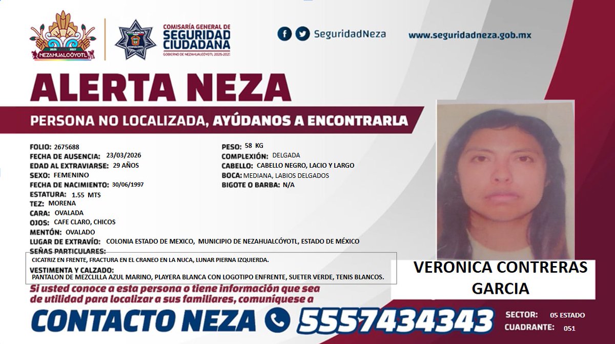 AlertaNeza's tweet image. ⚠️ #AlertaNeza | Tu ayuda es muy importante para localizar a #Veronica Contreras Garcia.

Cualquier información, comunícate al 📞 55 5743 4343.