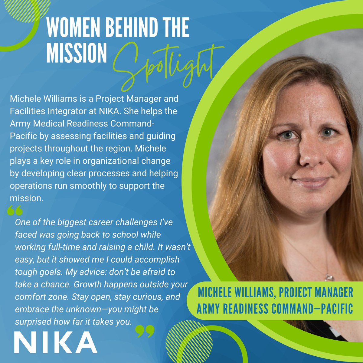 NikaSolutions's tweet photo. Our #WomenBehindTheMission shines on Michele Williams, who thrives on change and challenges, or as she puts it, “learning to fly the plane while we’re building it.”

A true example of resilience, growth, and purpose in action.
#WomensHistoryMonth #NIKATeam https://t.co/LsHZDgRG8L