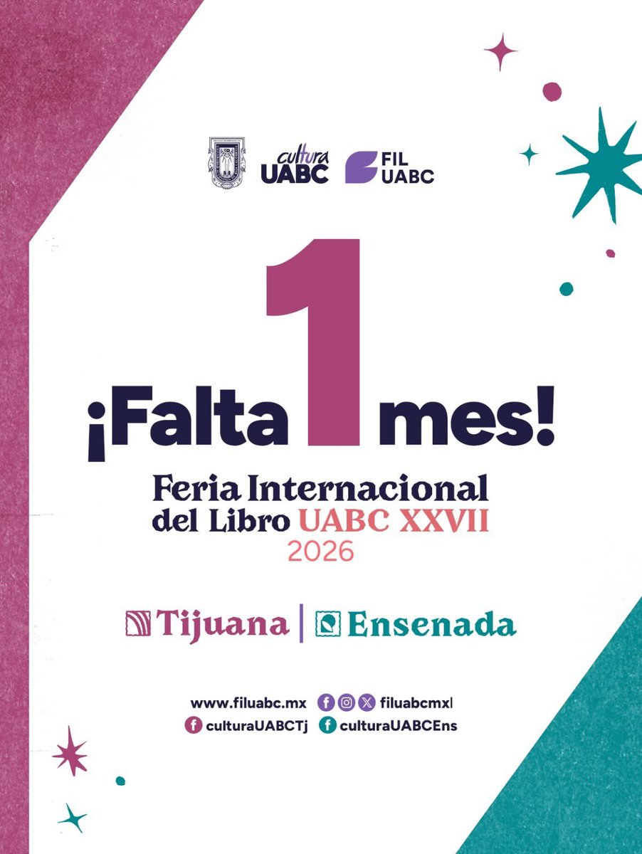 FILUABCMXL's tweet photo. 📣📚 ¡La cuenta regresiva ya comenzó para Tijuana y Ensenada!
📍 FIL UABC Tijuana - 23 al 26 abril | Campus Otay
📍 FIL UABC Ensenada - 23 al 26 de abril | Ventana al mar
#FILUABC #CulturaUABC #EnFILados https://t.co/3Hx3OvhhrH