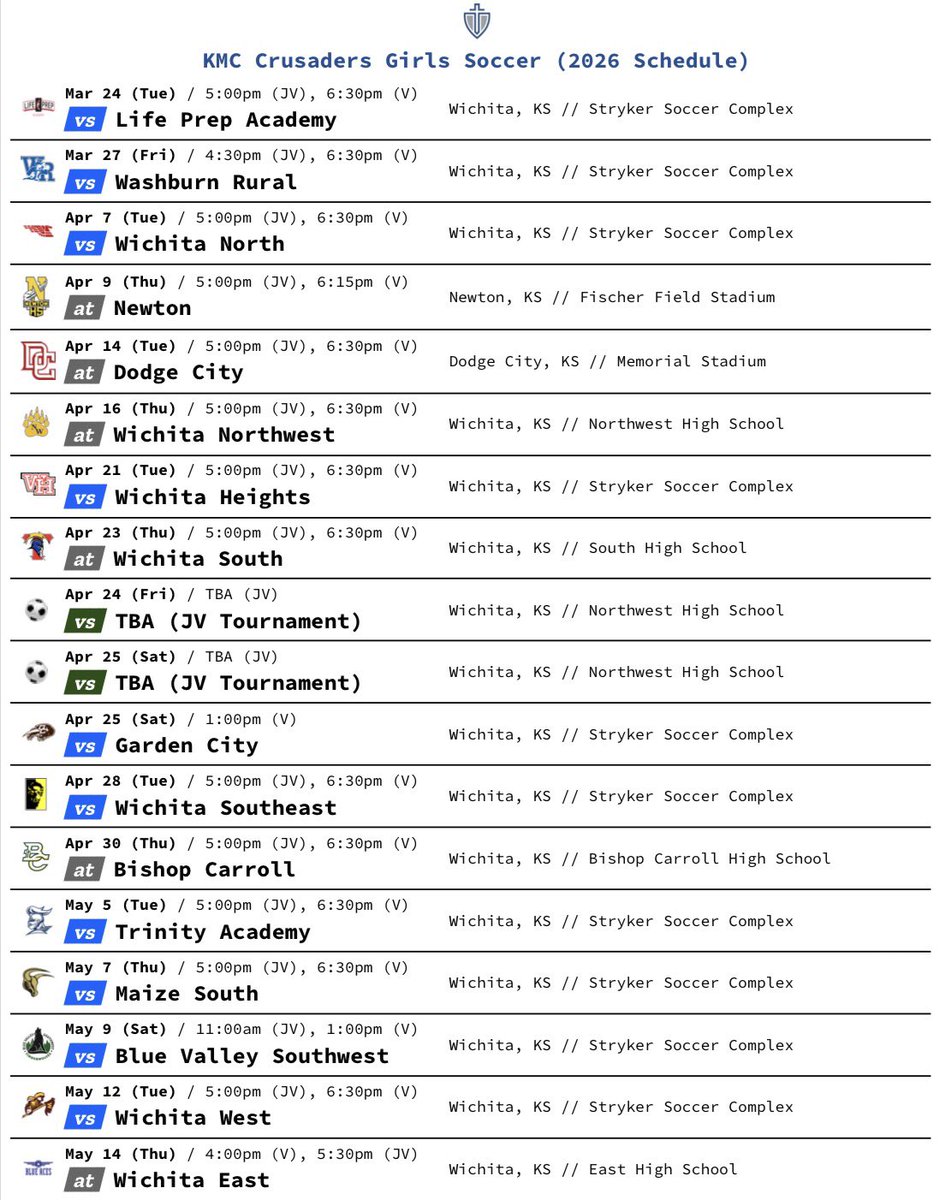 The 2026 KMC Crusaders girls soccer season kicks off tomorrow with a home game against Life Prep Academy. Varsity only at 6:30 at Stryker! <a href="/kmcathletics/">KMC Athletics</a> <a href="/kapauncrusaders/">Kapaun Mt. Carmel</a>