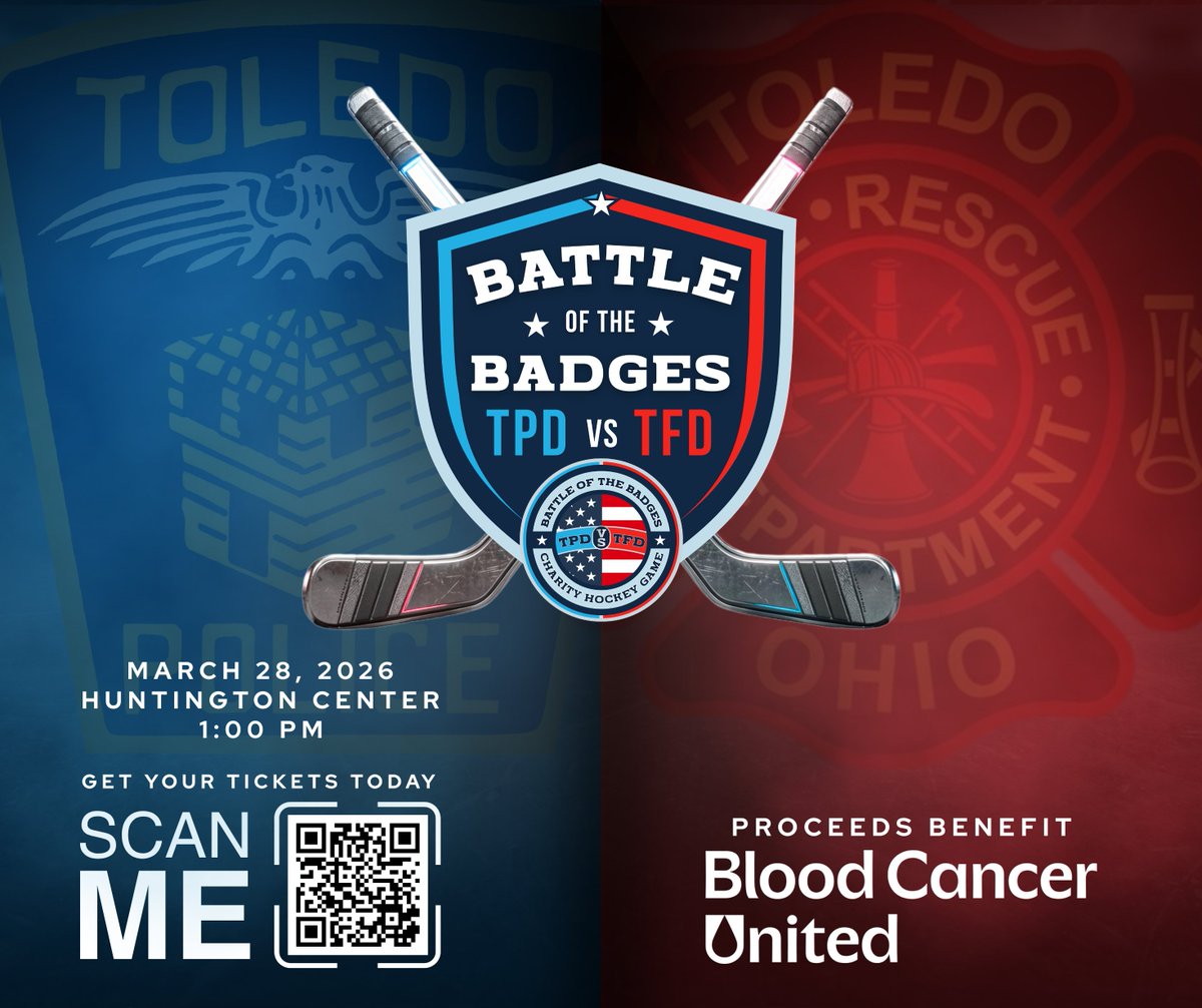 Toledo_PD's tweet image. Join us on Saturday, March 28, 2026, at 1 PM at the Huntington Center for the Battle of the Badges Hockey Game, featuring #ToledoPolice vs. #ToledoFire.

Proceeds from this event will benefit Blood Cancer United, supporting families affected by leukemia through research,