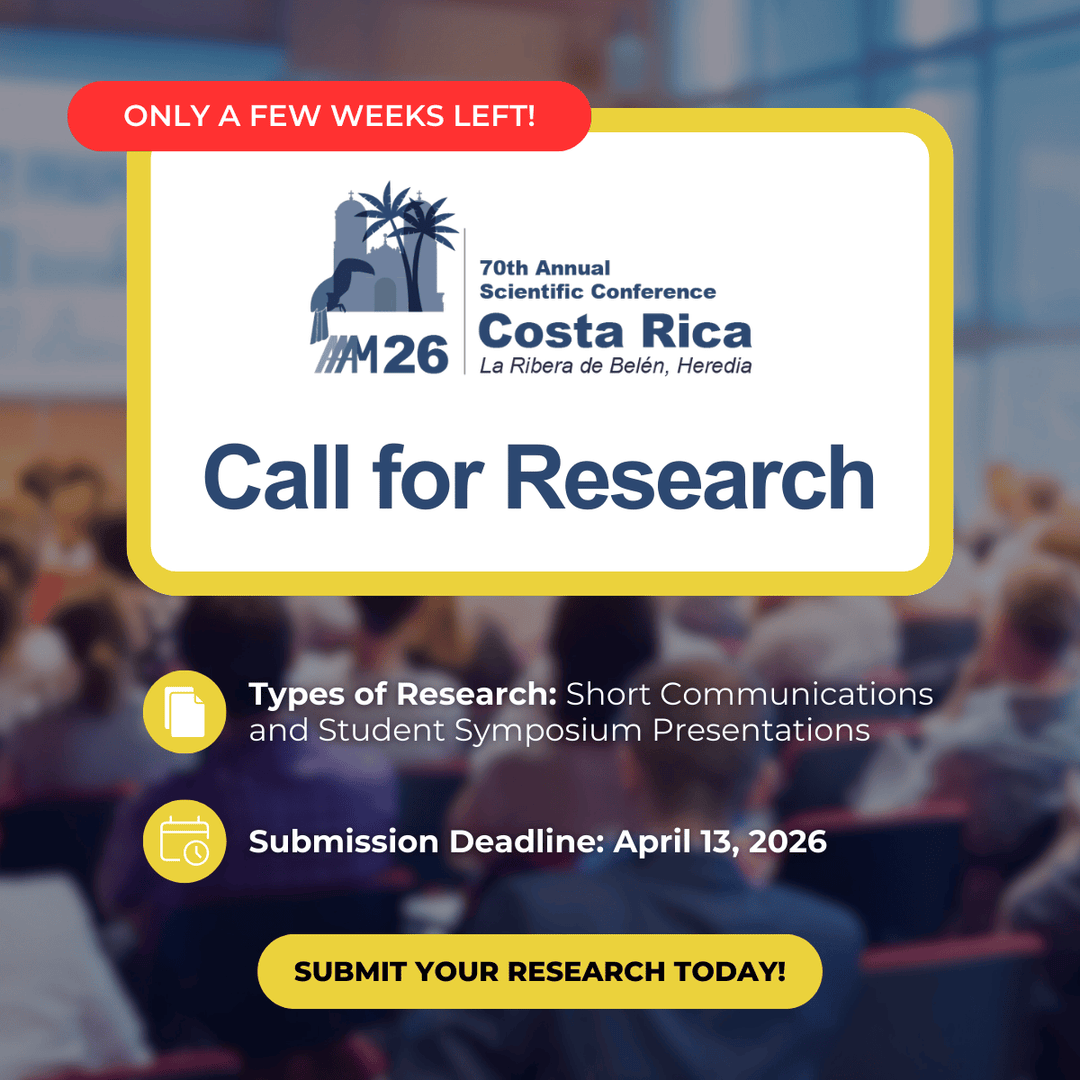 AAAMFeed's tweet photo. Time is running out!

Submit an abstract for your opportunity present your research at AAAM's 70th Annual Scientific Conference.

Submissions for short communications and student symposium presentations close on April 13, 2026. Submit your research: https://t.co/C61rLH1W7G https://t.co/rWMAd0WdqY