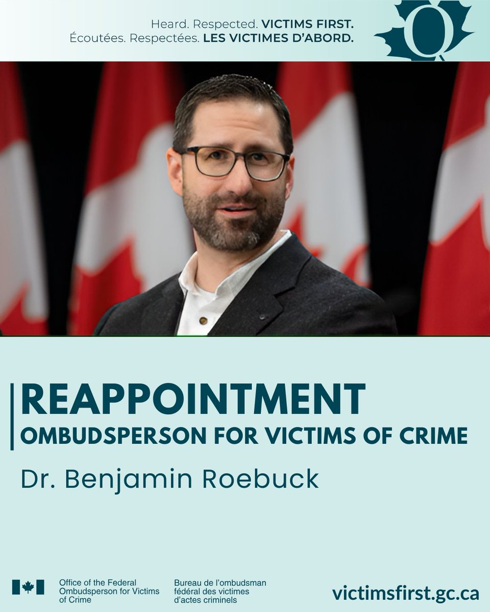 We’re pleased to announce the re-appointment of our Ombudsperson, Dr. Benjamin Roebuck.
Thank you to Sean Fraser, Minister of <a href="/JusticeCanadaEN/">Justice Canada</a> &amp; Attorney General of Canada, and to Cabinet for their support. <a href="/PrivyCouncilCA/">Privy Council Office</a>
We believe the future is bright.