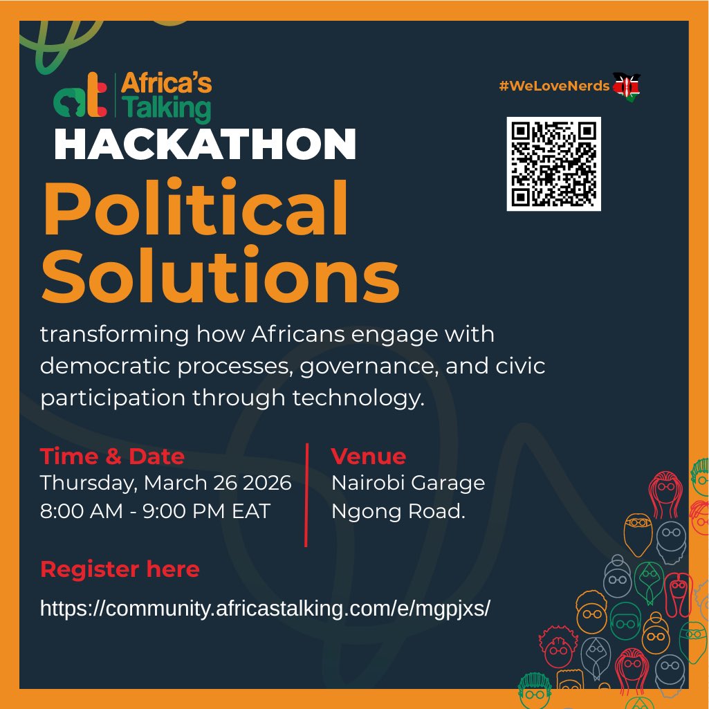 This month, the community builds solutions in politics and governance.
Whether it is for the #tukokadi movement or other governance and civic processes, join other developers <a href="/Africastalking/">Africa's Talking</a> this Thursday. Sign up today.
#BuildWithAT
#WeLoveNerds