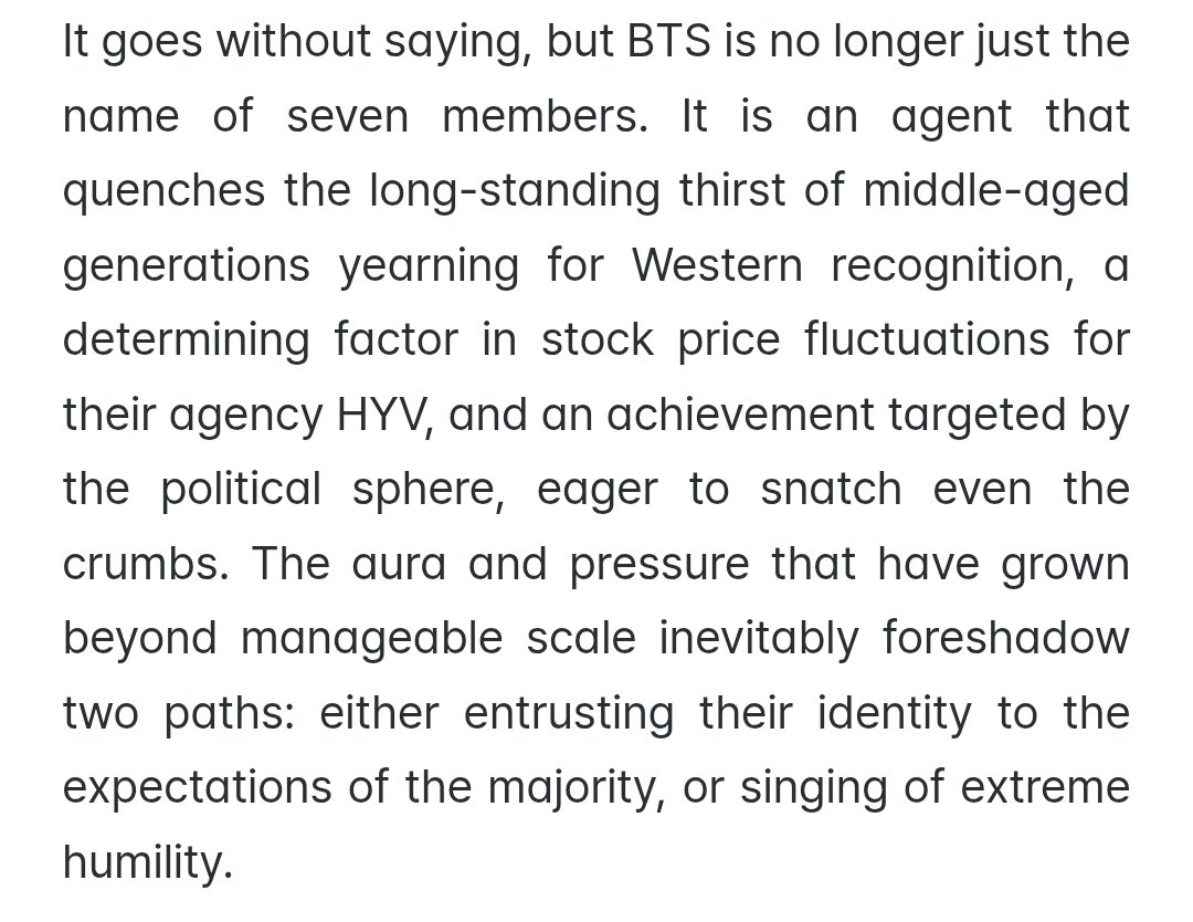 idk95924659's tweet photo. "BTS is no longer the name of seven members. it is an agent quenches the long standing thirst for middle aged generation yearning for western recognition " my jaw 😭 https://t.co/SSQjqn5Jio