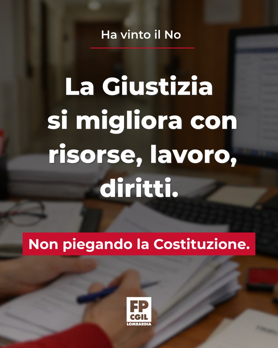 FpCgilLombardia's tweet photo. Ha vinto il No.

Il No che difende la Costituzione.
Ha vinto la partecipazione, più forte dell’indifferenza.
La Giustizia si migliora con risorse, lavoro, diritti.
La Costituzione si applica. Non si piega.

https://t.co/tsTD9DGqZj

#referendumgiustizia #costituzione https://t.co/kitsP92F6l