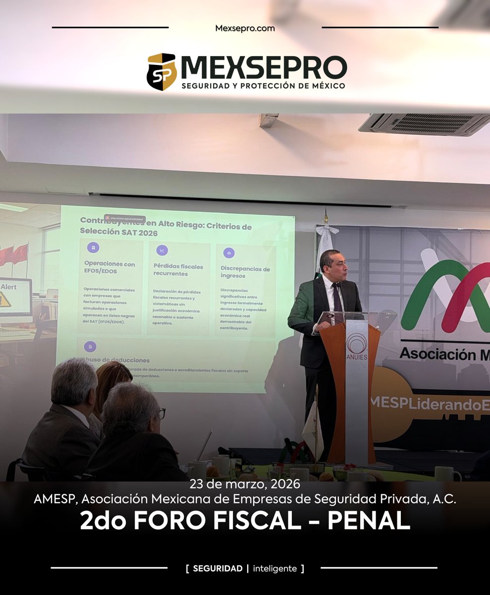 spmexsepro's tweet photo. El día de hoy estamos presentes en el “2do Foro Fiscal Penal, organizado por la @amesp_oficial, en el que se abarcarán distintos temas relevantes en la materia.

#AMESP #MEXSEPRO #SeguridadInteligente #ForoFiscalPenal https://t.co/OBInBBahpz