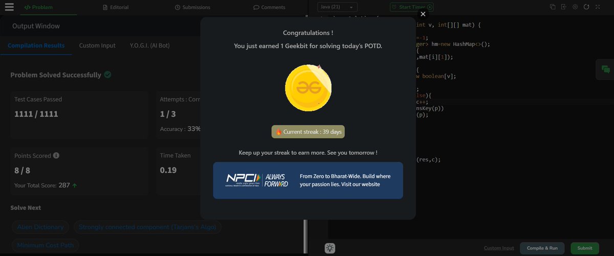 Siddhesh_2110's tweet photo. Day 111 ๐
โ
LeetCode POTD
โ
GeeksforGeeks POTD
โ
Codeforces Practice (2 Problems)
Solved CF Problems:
โข Elephant โ Greedy (take max steps of 5)
โข Bear and Big Brother โ Simulation
#Day111 #LeetCode #GeeksforGeeks #Codeforces #DSA #Greedy #Consistency #ProblemSolving https://t.co/lTdxkVDK9U