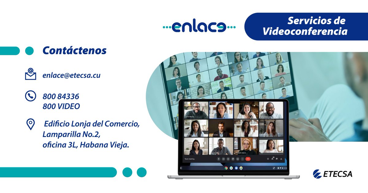 CarlosRZCuba's tweet photo. No permita que la distancia le impida hacer negocios.
Utilice los Servicios de Videoconferencia y comuníquese con facilidad y seguridad.
#EtecsaTeAcompaña 
@FrankMorenoCor1 @LidiaHid @Anabel_GOrtega https://t.co/Z88NRyGH8z