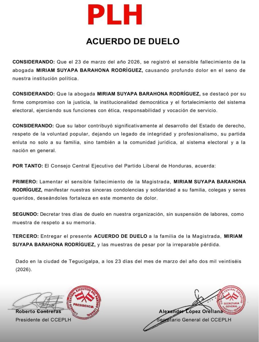 ALopezAlcalde's tweet photo. Lamentamos el fallecimiento de la abogada y magistrada Miriam Suyapa Barahona Rodríguez.

Nuestro pésame a su familia. 🕊️ https://t.co/0NTbXoYtyn