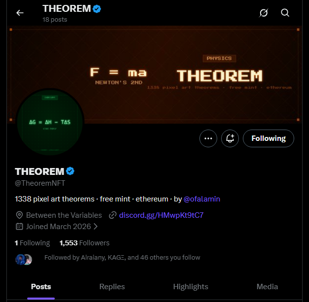 Keeping an eye on <a href="/TheoremNFT/">THEOREM</a> 👀

A 1338 supply pixel art collection launching soon on Eth

• Free mint
• Mint date: TBA

Currently at 1.5K followers still very early. Worth a follow