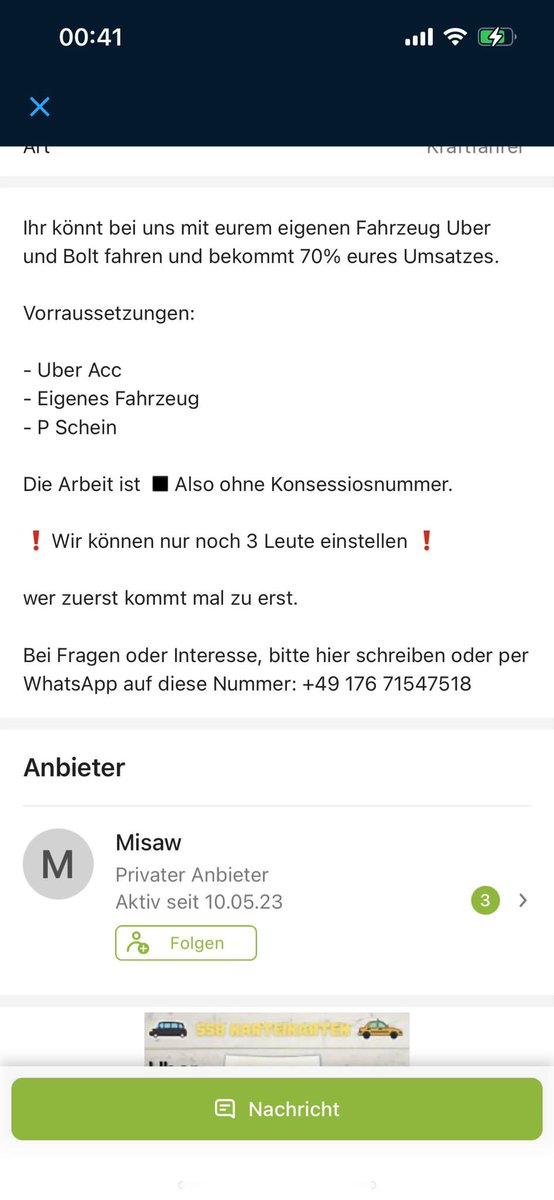 Berlin_Cab's tweet photo. So dreist agieren mittlerweile illegale #Mietwagen #Fahrdienstleister die, die Fahrten für #Uber, #Bolt &amp; Co ausführen. Schwarzarbeit Anonnce auf https://t.co/HaPqTW3SsZ.

@SenMVKUBerlin @RegBerlin #LABO #Berlin schauen weiterhin tatenlos zu!

#ZOLL @PolizeiBB @polizeiberlin https://t.co/flVZ8aFdrY