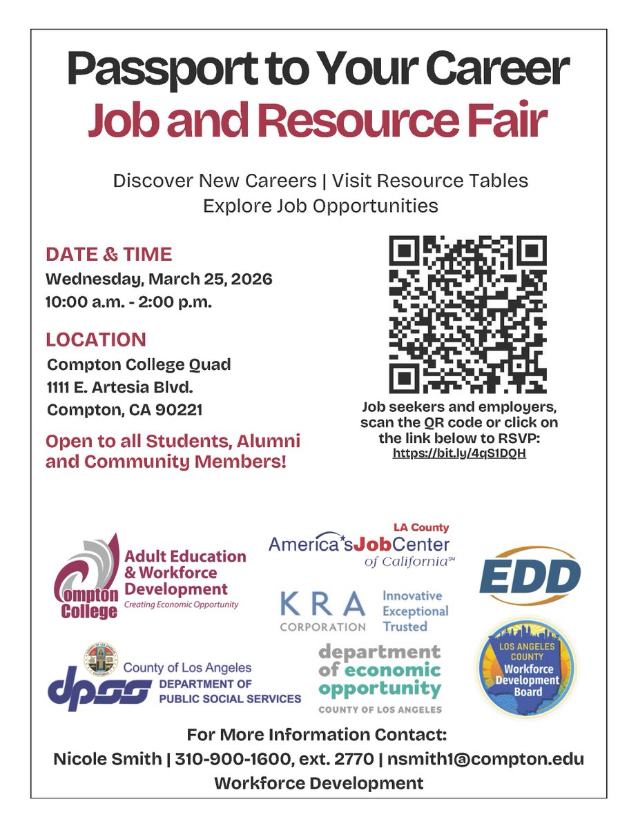 LACo_DPSS's tweet image. Searching for a job? 💼

Attend the Passport to your Career Job and Resource Fair hosted by @compton_college, in partnership with #DPSS, this Wednesday, March 25, from 10 AM to 2 PM at Compton College 🤝

👉 RSVP at bit.ly/4qS1DQH

#JobFair #Jobs #Careers