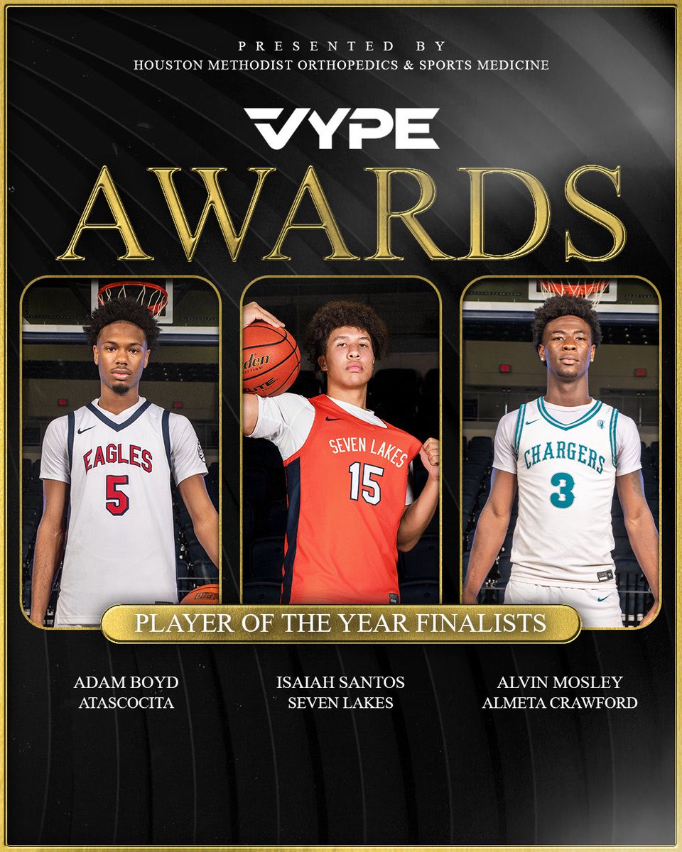 vypehouston's tweet photo. It is awards season here at VYPE! Here are the finalists for Public and Private School Boys Player of the Year presented by @MethodistHosp!

Tune in tomorrow to find out the Player and Team of the Year! #vypeawards https://t.co/jVacP68r6b