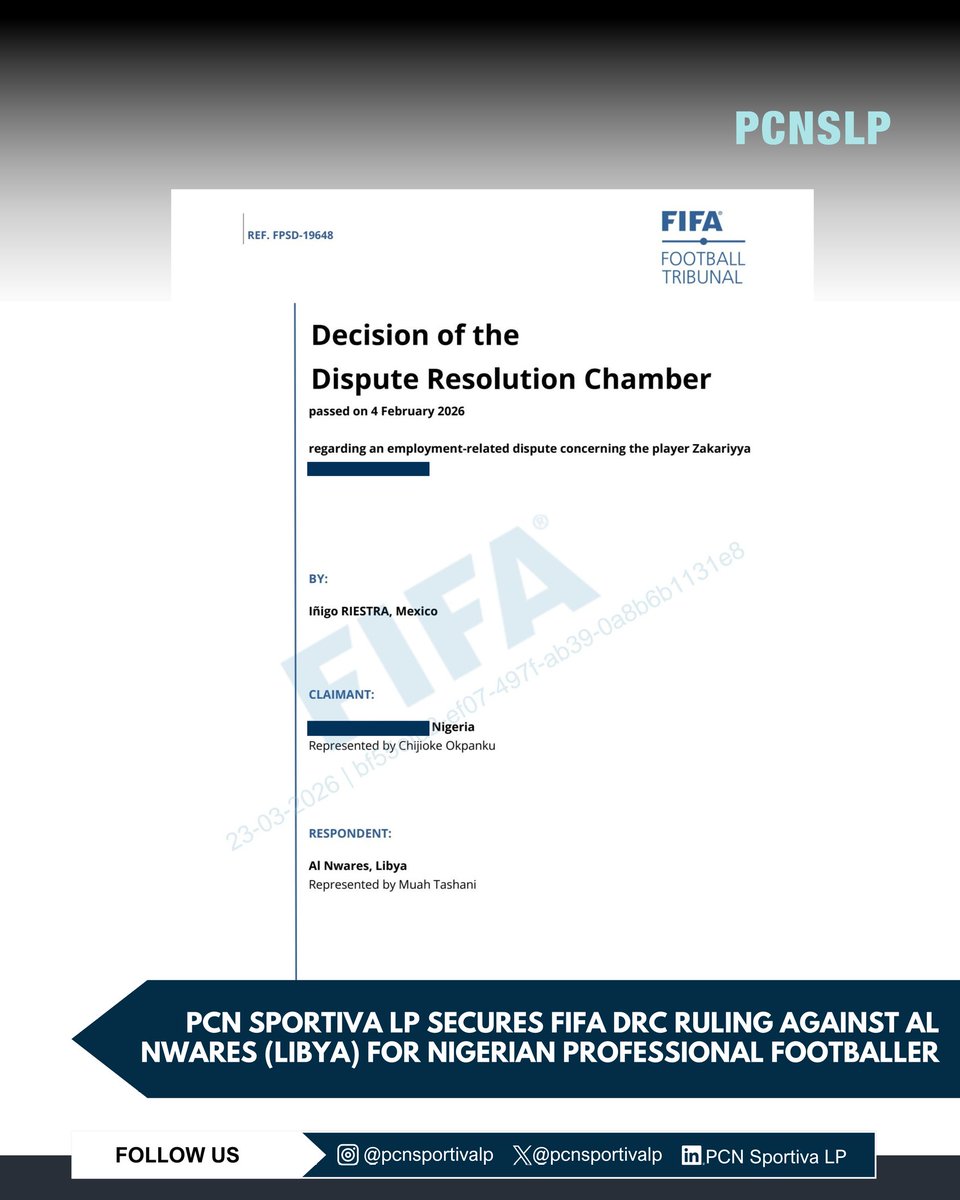 PCN Sportiva LP secures FIFA DRC ruling against Al Nwares in favour of a Nigerian professional footballer.

Club ordered to pay outstanding remuneration or face a potential transfer ban.

Led by Associate Okpanku Chijioke <a href="/realokpanku/">OKPANKU</a>