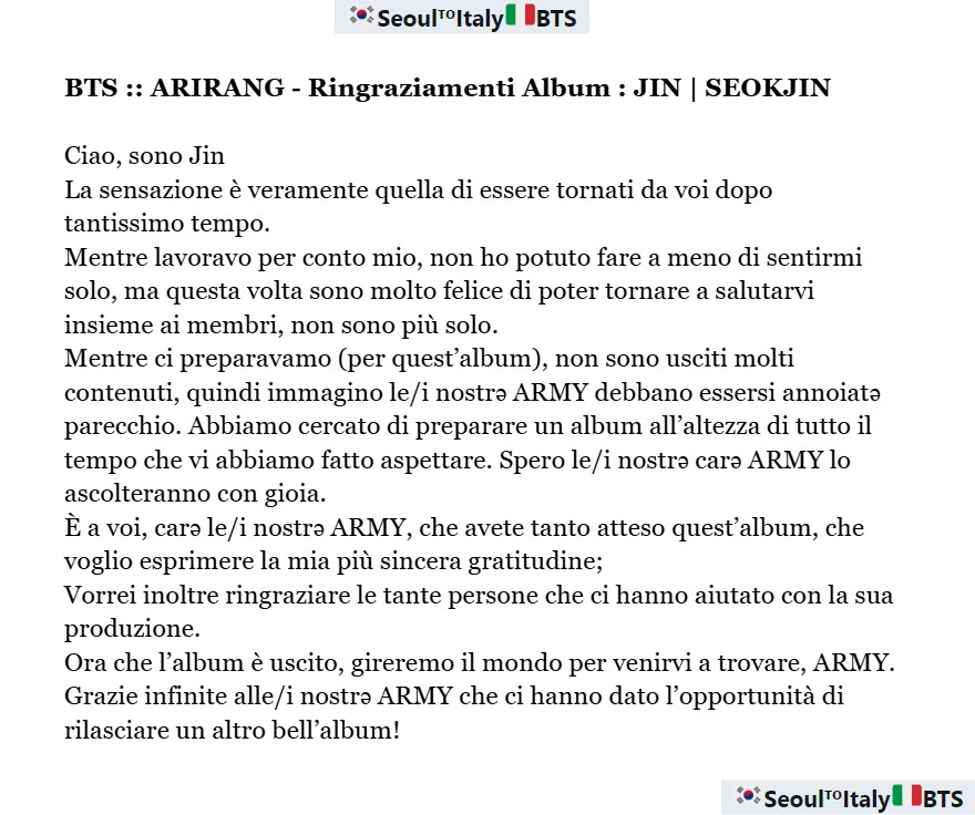 Seoul_ItalyBTS's tweet photo. 📝🇮🇹  #BTS_ARIRANG :: Ringraziamenti Album 💿✍️

(1/2)

#BTS #방탄소년단 @BTS_twt 
#RM #JIN #SUGA #JHOPE https://t.co/JRnKJtBVqD