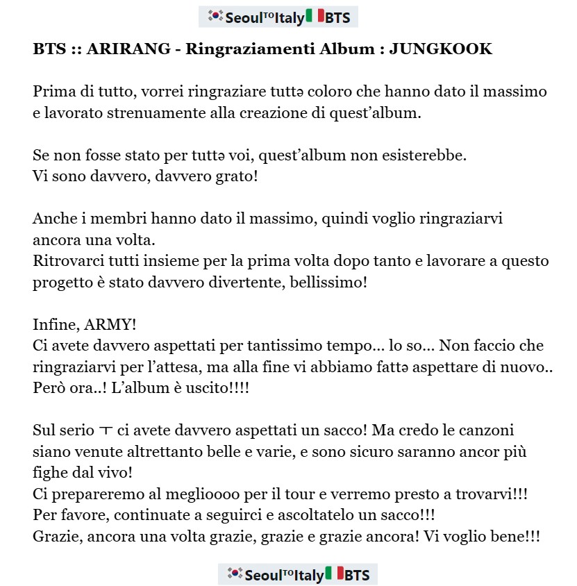 Seoul_ItalyBTS's tweet photo. 📝🇮🇹 #BTS_ARIRANG :: Ringraziamenti Album 💿✍️

(2/2)

#BTS #방탄소년단 @BTS_twt
#JIMIN #V #JUNGKOOK https://t.co/v1u11vjBE7