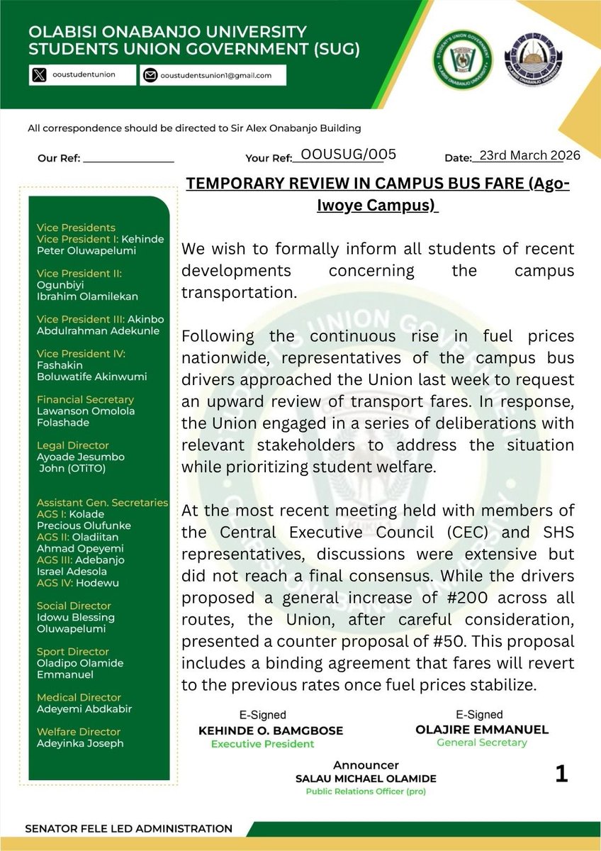 Olabisi Onabanjo University Students’ UNION tweet media
