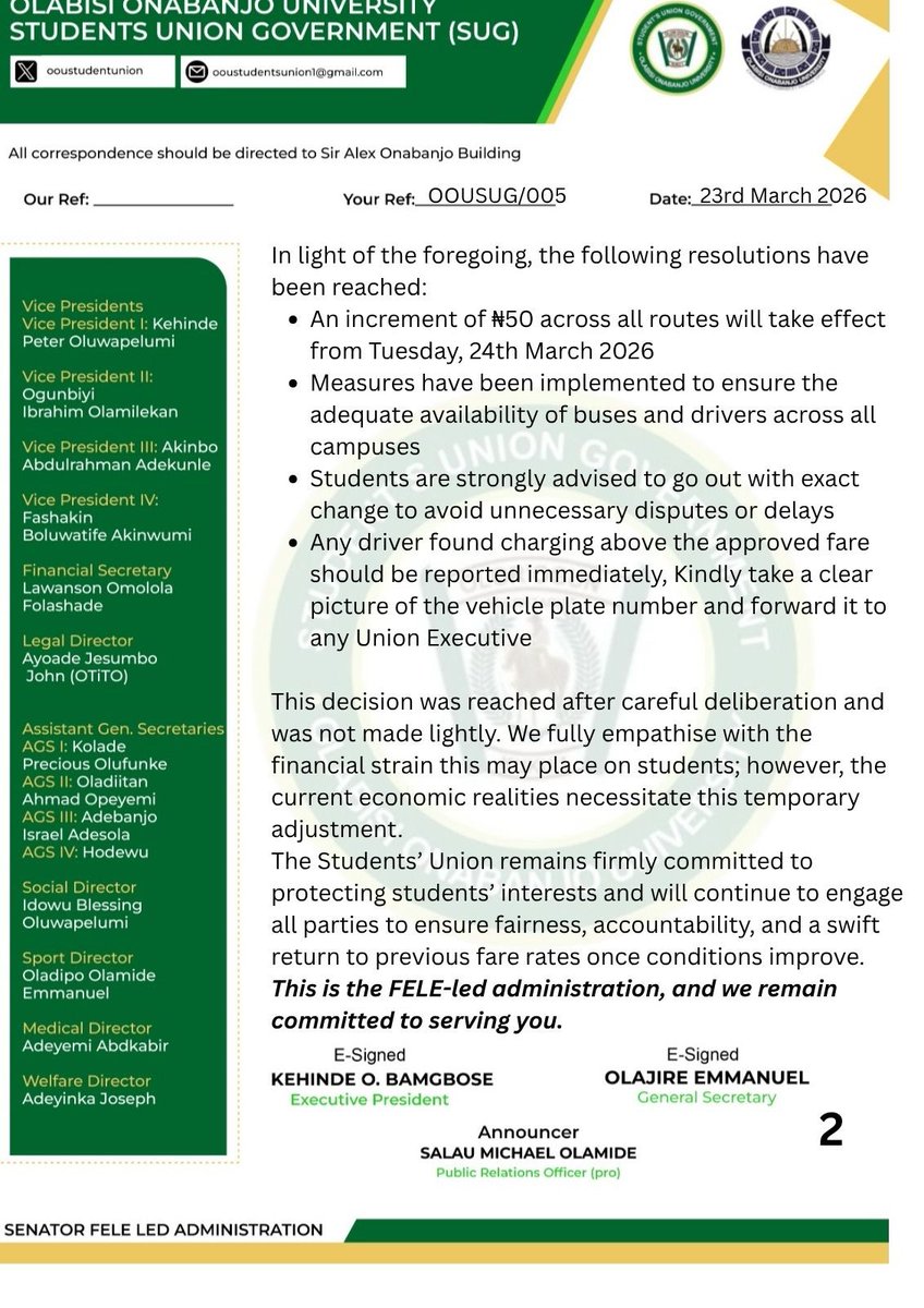 Olabisi Onabanjo University Students’ UNION tweet media