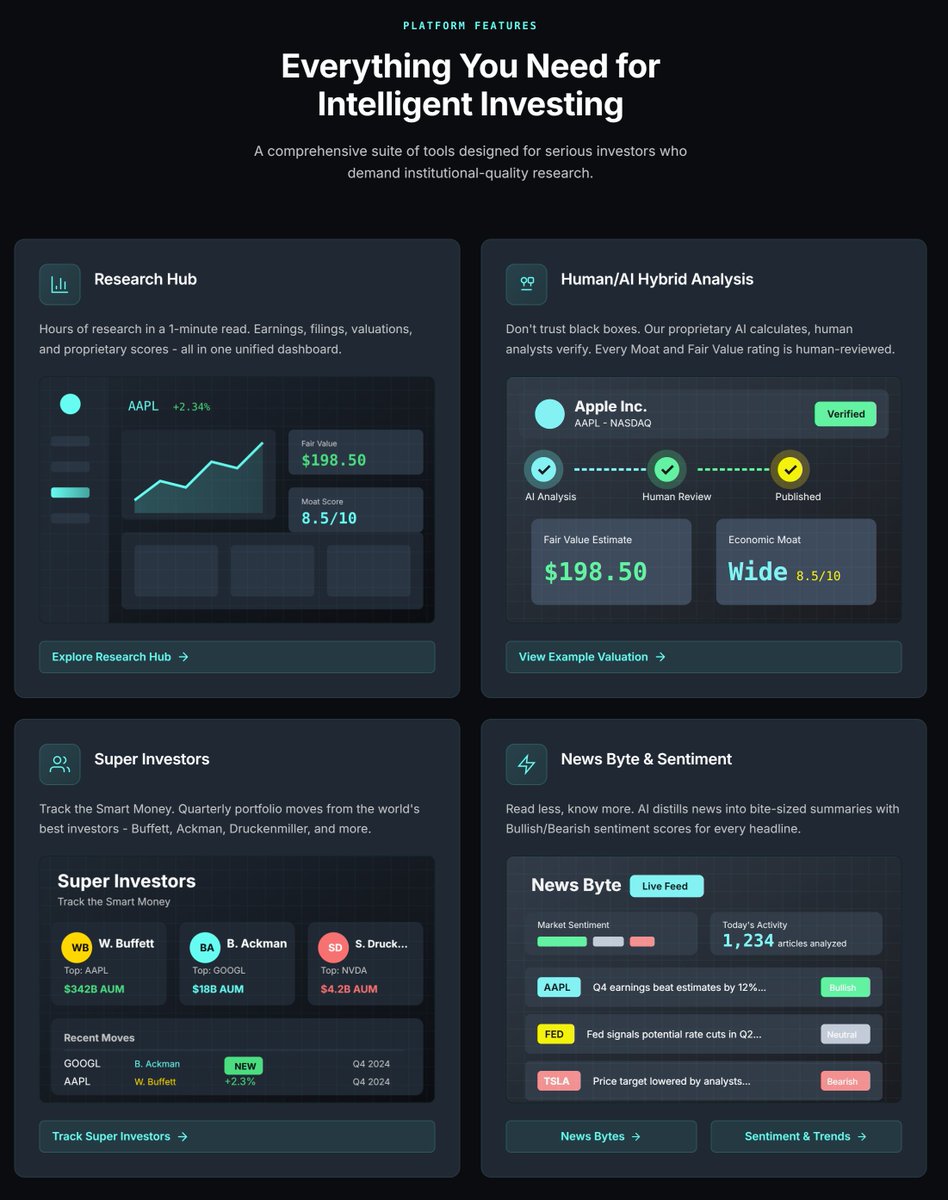 alpha_streets's tweet photo. I used to be YOU! to have 14 tabs open to research one stock.
SEC filings. Earnings transcripts. Analyst estimates. Insider trades. News. Valuations.
So we built the page that replaces all 14.
One ticker. One page. Every answer.
Fair value. Moat. Risks. Who's buying. Who's selling. What analysts think. What management promised.
The stock research page we wished existed.
🔗 https://t.co/AS0mGBU5kv
