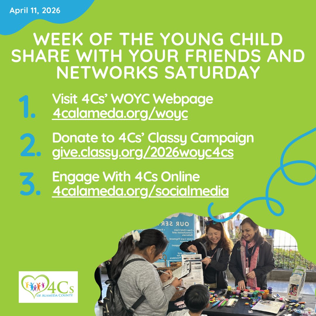 4CsofAlamedaCty's tweet image. We are kicking off #WeekoftheYoungChild with Share With Your Friends and Networks Saturday! Help spread the word by sharing our #WeekoftheYoungChild webpage and Classy campaign or engaging with us on social media.