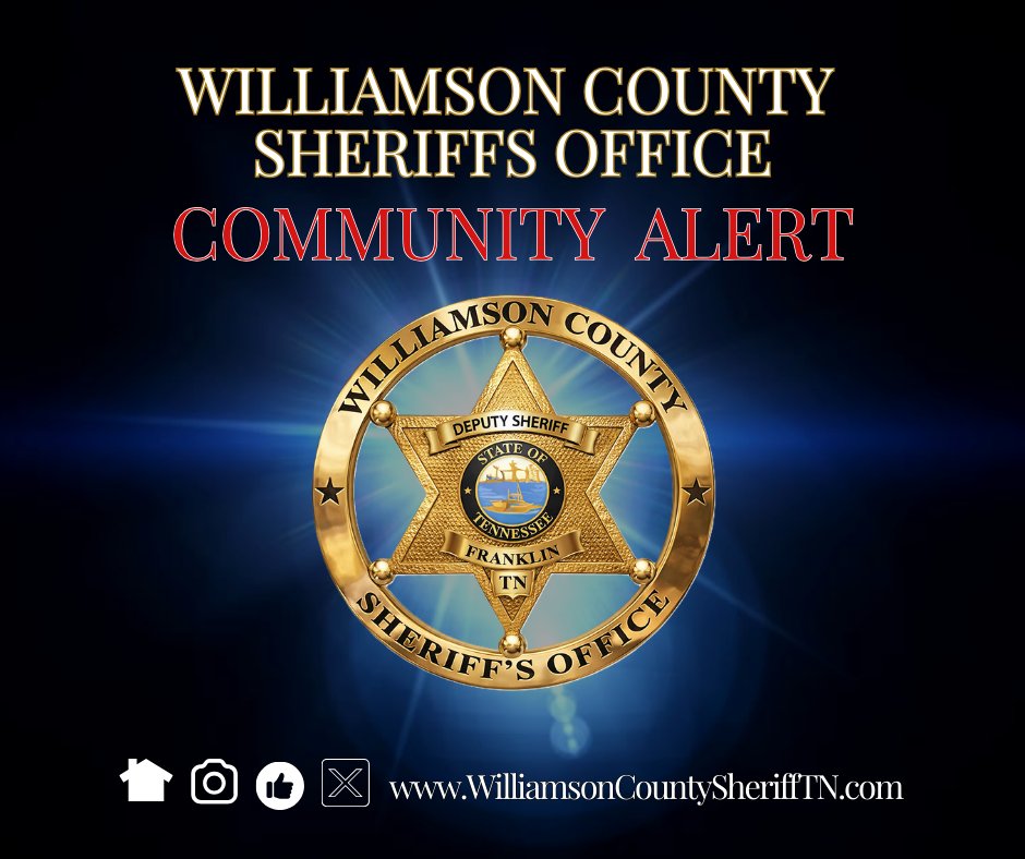 WCSO_Sheriff's tweet photo. Community Alert:
Residents in the Leipers Fork area may notice drone activity from 2:00 to 5:00 pm today. The Williamson County Sheriff’s Office is conducting a planned training exercise, and there is no cause for concern.
#WCSOTN https://t.co/FPYERPmI95