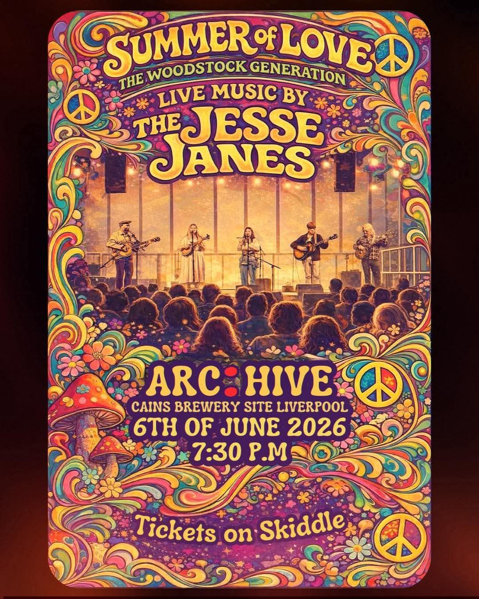 #ARCHIVE
Saturday 6th June 2026
<a href="/TheJesseJanes/">TheJesseJanesMusic</a>
#SummerOfLove #woodstock 
ARC:HIVE
Cain's Brewery Village 
#Liverpool
L8 5XJ 
Tickets Available 
skiddle.com/whats-on/Liver…