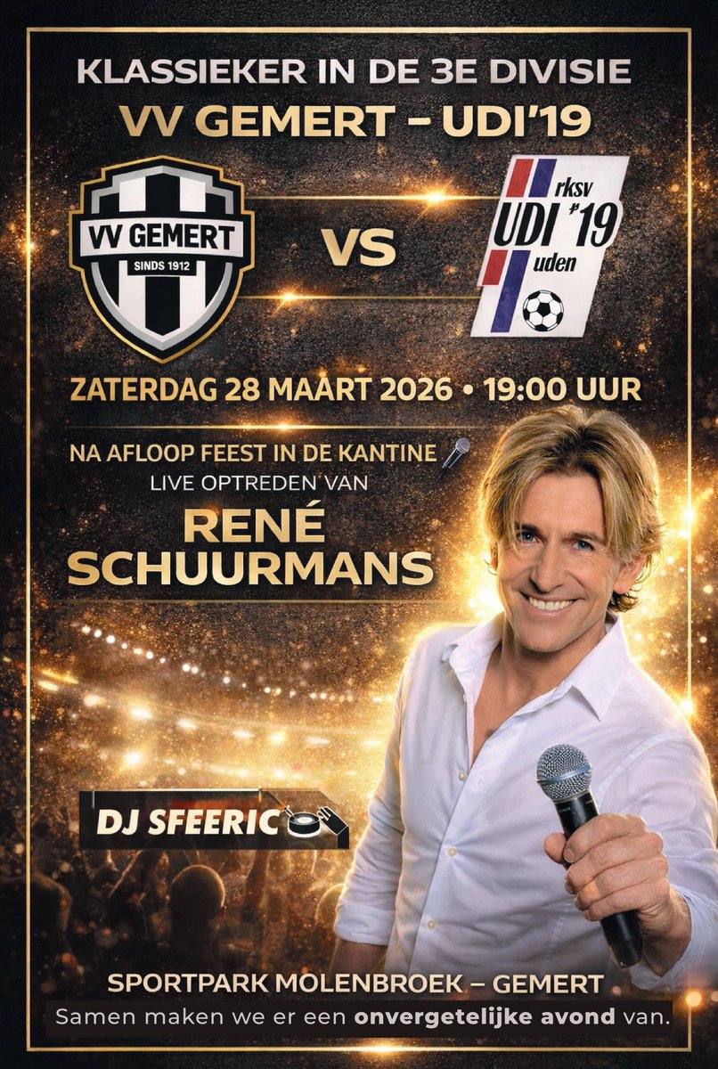 vvgemert's tweet photo. Komende zaterdag in #Gemert;  de derby @vvgemert - @UDI19. Aftrap op sportpark Molenbroek om 19 uur. Na afloop wordt het gezellig in de kantine met dj Sfeeric en een live optreden van @schuurmansrene. Ben je erbij? https://t.co/dHKCwzv8wM