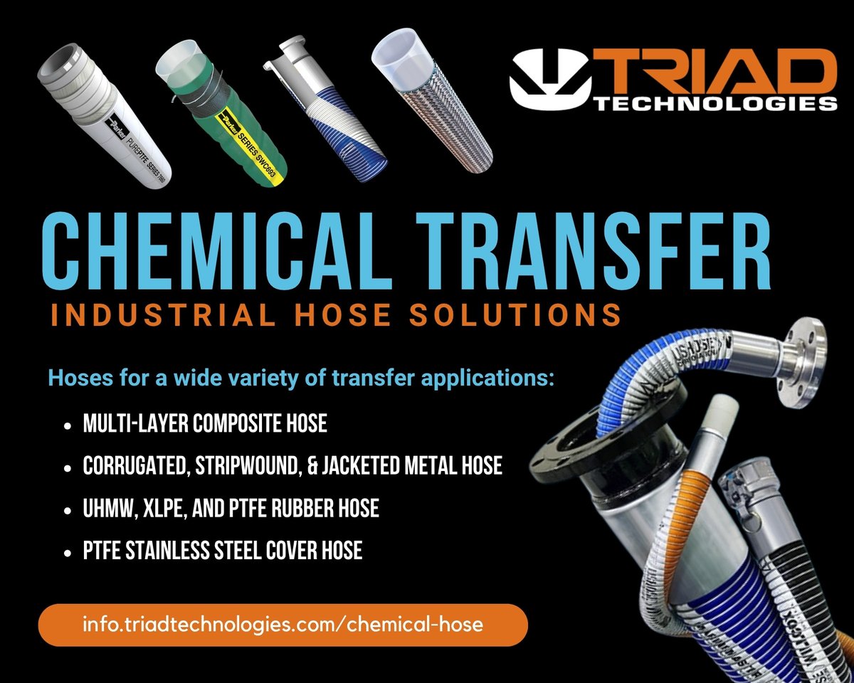 Handling chemicals safely starts with the right hose. From PTFE to composite and UHMW, Triad Technologies delivers chemical hose solutions built for durability, compatibility, and performance—customized to your application. Learn more: info.triadtechnologies.com/chemical-hose
#IndustrialHose