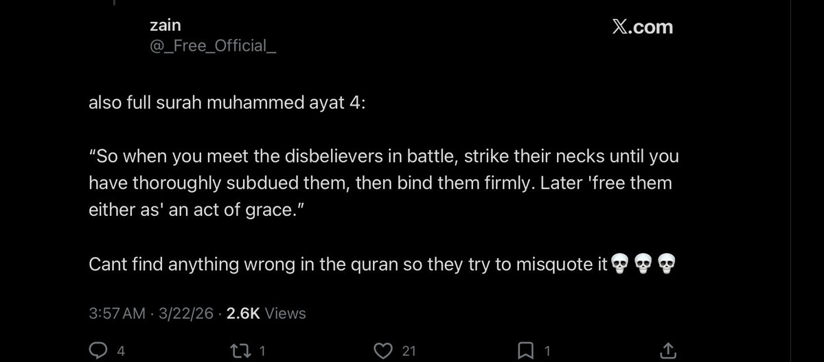 _Free_Official_'s tweet photo. @AmirotX @karma44921039 so if you werent an illiterate retard, youd see i also corrected that in the replies. its about when youre in war, obviously muslims do t go around striking kafirs in the neck you absolute idiot 💀💀💀 dont go silent now btw https://t.co/4PZnS6a0GQ