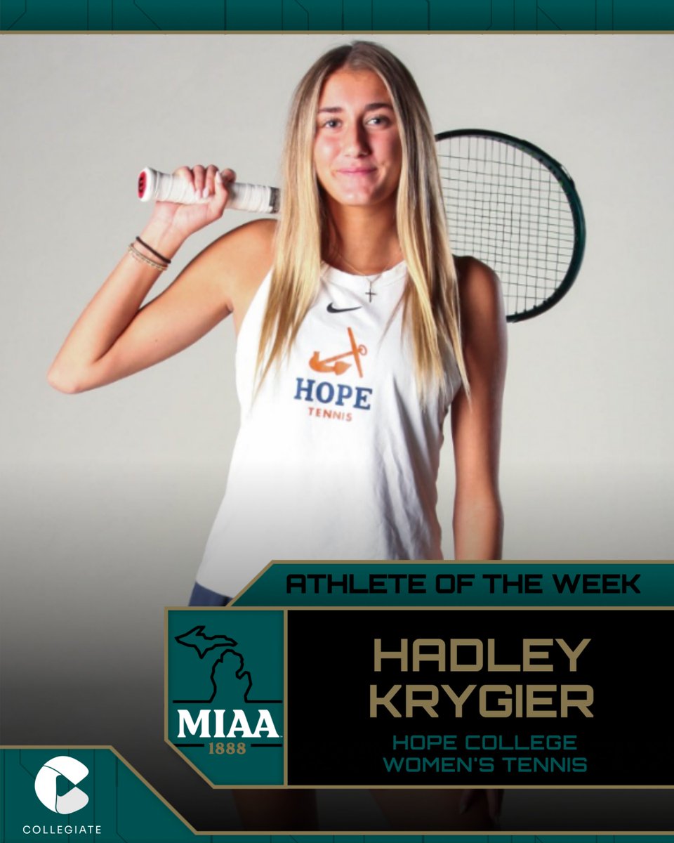 MIAA1888's tweet image. #D3MIAA Women's Tennis Athlete of the Week | March 23, 2026 🎾

Hadley Krygier, @HopeAthletics 

READ -- bit.ly/4lJJum9

#MIAAwten #GreatSince1888