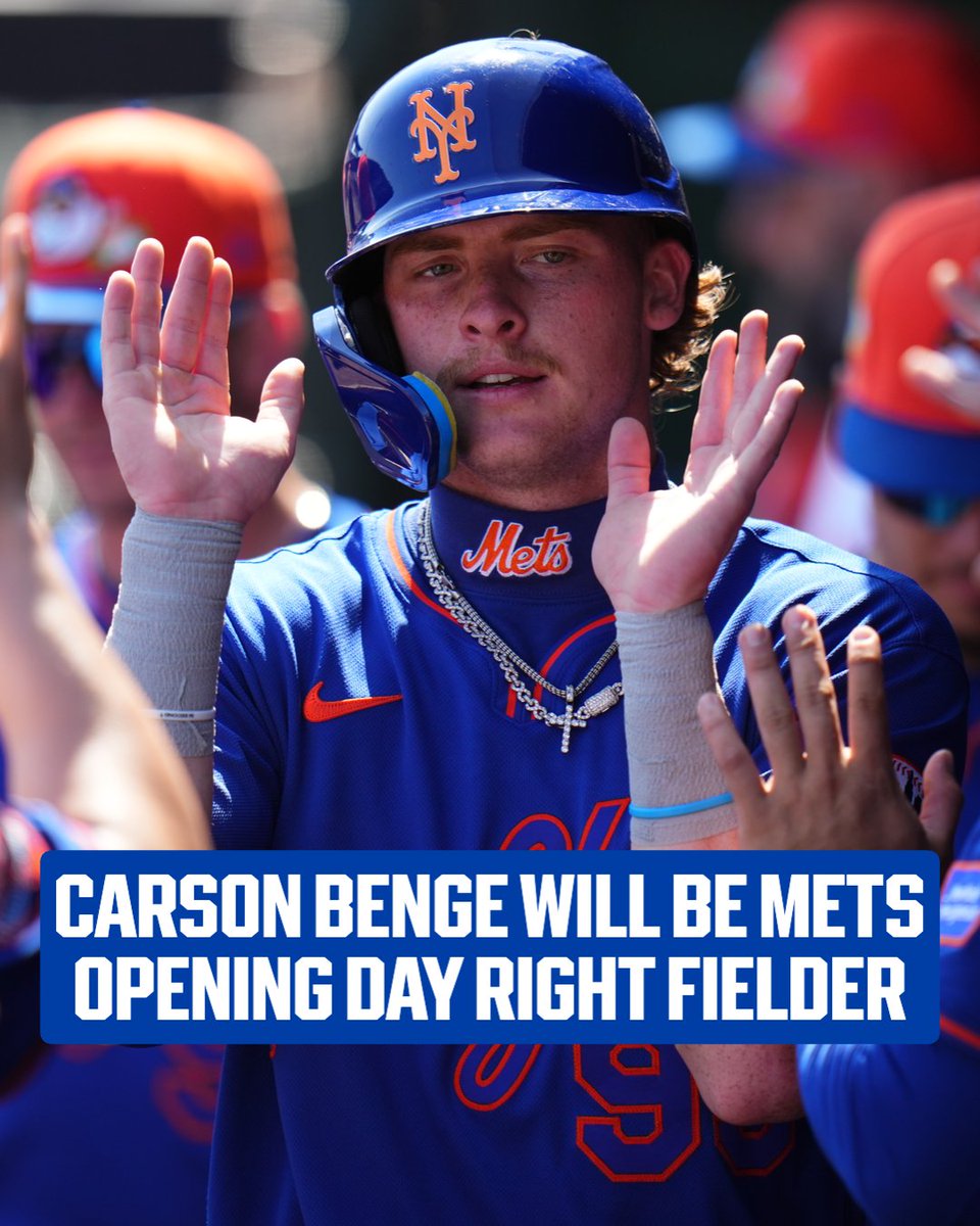 MLB's tweet image. Carson Benge will be the Mets Opening Day right fielder 👏

MLB's No. 16 prospect hit .366 with an .874 OPS this Spring Training &amp;amp; will debut after having just 90 Triple-A at-bats 👀