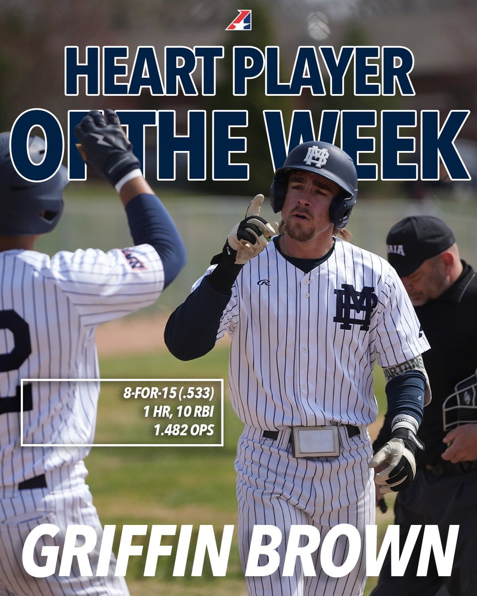 MBU_baseball's tweet image. Griffin Brown was selected as the @TheHeartConf   Player of the Week after he drove in 10 runs in a series sweep at MidAmerica Nazarene! #SpartanUp 
.
Read More: mbuspartans.com/news/2026/3/23…
