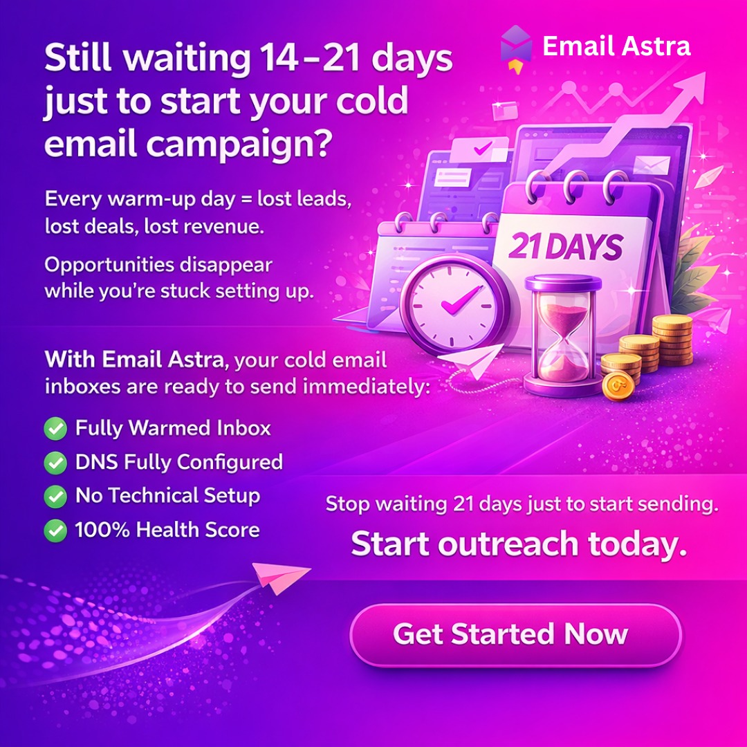 EmailAstra's tweet photo. Still waiting 14–21 days to start cold email?

Every day = lost leads, lost deals, lost money.

While you wait…
others are already closing.
Smart cold emailers don’t wait.

They go live instantly with Email Astra 🚀
✔ Fully Pre-Warmed Inbox
✔ DNS Ready
✔ No Setup
✔ 100% Health Score

No warm-up. No stress. Just results.
👇 Comment “START” to get details

🌐 https://t.co/kHkaTBBrHT
#coldemail #leadgeneration #b2b #agency #emailmarketing
