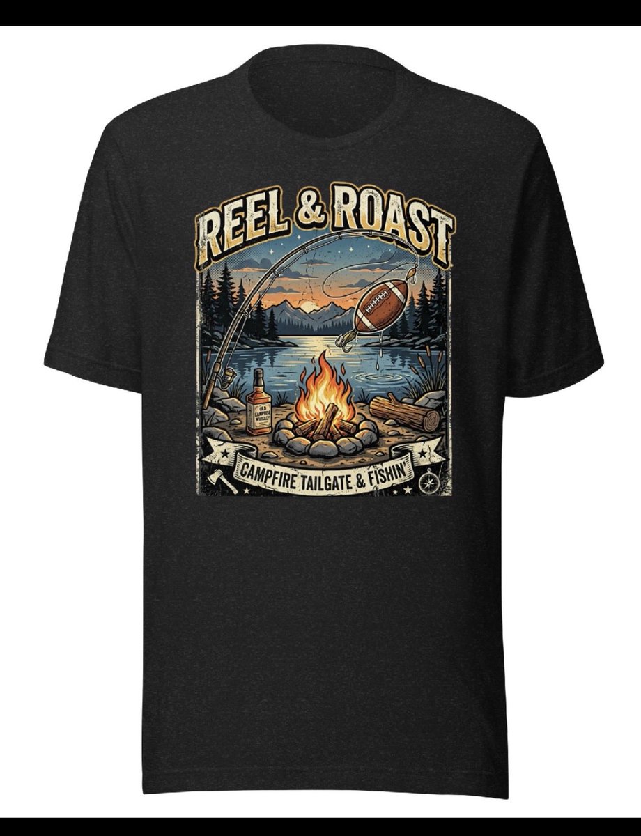 asgaard79's tweet photo. fishing rod snags football mid-air over campfire. ‘Reel &amp; Roast’ tee—black, vintage glow, lake legend vibes. Who’s shooting? 🔥🎯 https://t.co/8BRPDk8dEf #ReelAndRoast #LakeLife #TailgateGear” https://t.co/9qFi2CozSp