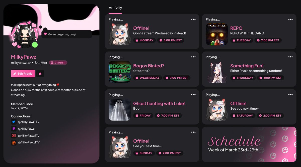 Schedule for this week~ Lots of fun people gonna be gaming with little ol' me 🥰🥰