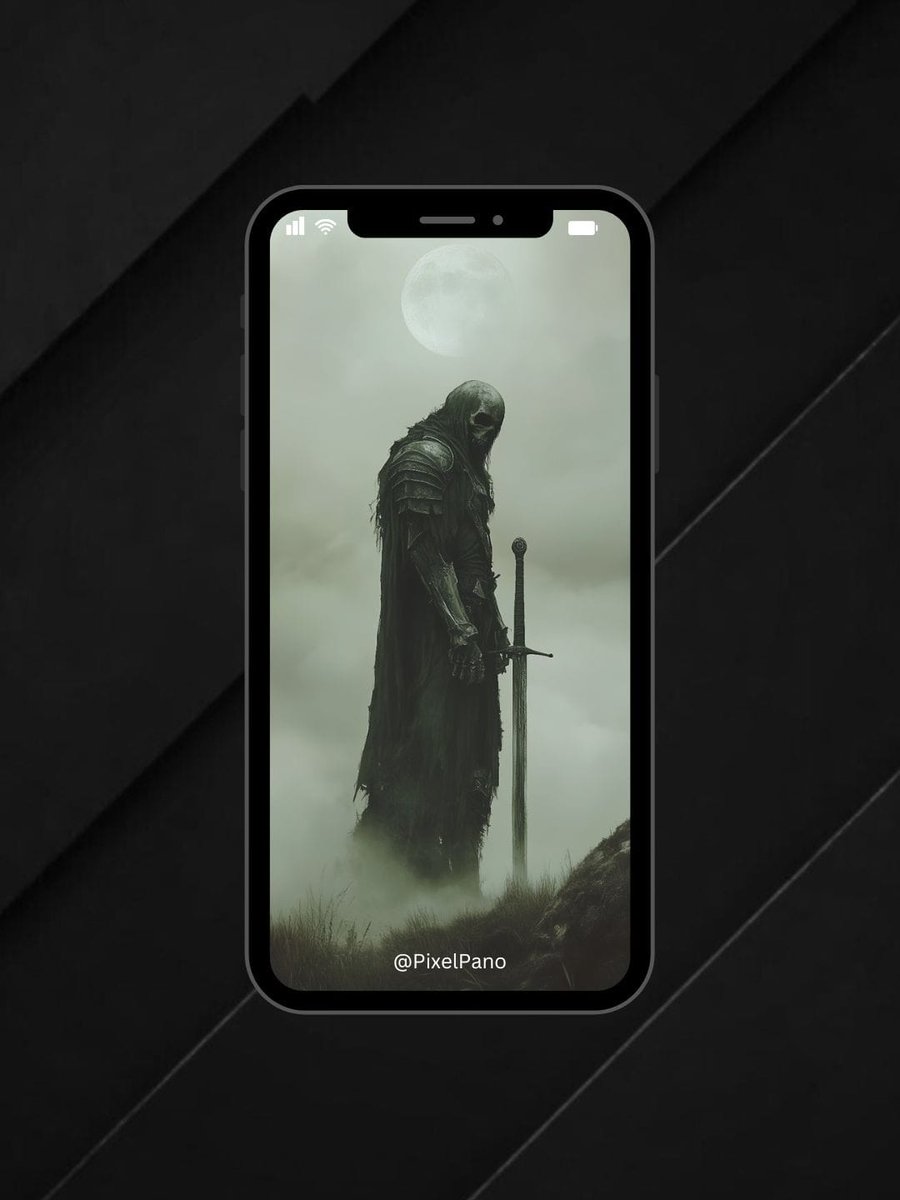PixelPano's tweet image. moon watches 
skeleton waits 
sword remembers 
🌕💀⚔️ 
#DeathKnightWallpaper #DarkMoon #WallpaperArt
