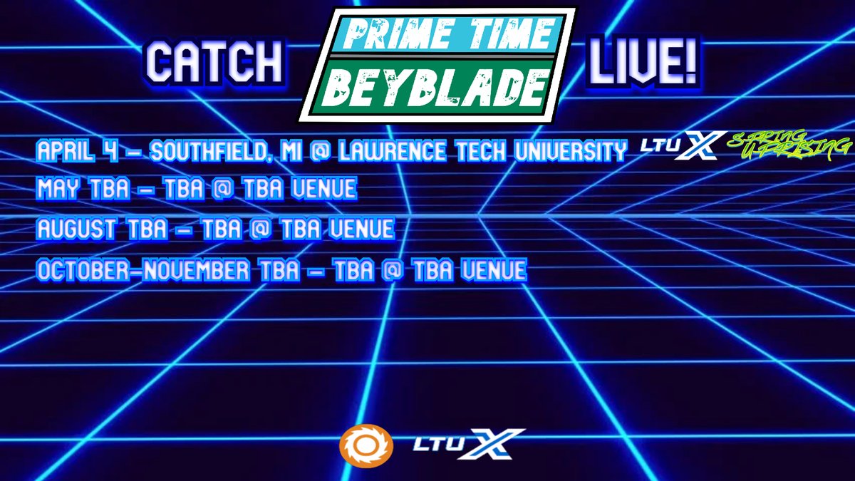 BladersNetwork's tweet image. From city to city, the excitement is coming to you. See Prime Time Beyblade live starting April 4th with #SpringUprising at Lawrence Tech University in Southfield, Michigan at 5 PM EST (free admission)! #Beyblade #CompetitiveBeyblade #ベイブレード #BeybladeX #ベイブレードX