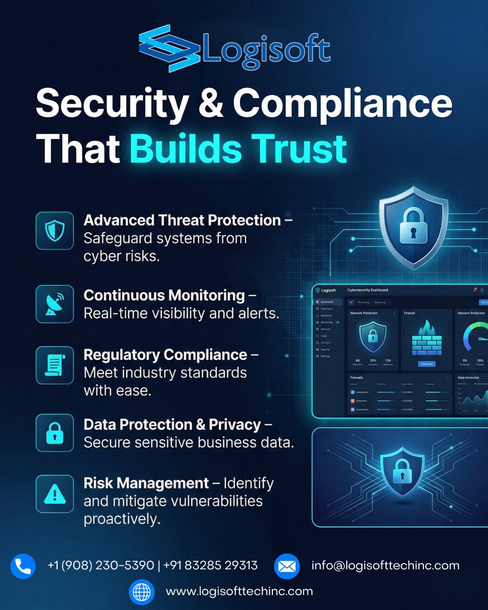 logisofttechinc's tweet image. Build trust with strong security and compliance—protect systems from threats, monitor continuously, ensure regulatory standards, secure data privacy, and manage risks proactively.
🌐 𝐕𝐢𝐬𝐢𝐭 𝐮𝐬:  logisofttechinc.com
#cloudsecurity #itsecurity #securitysolutions