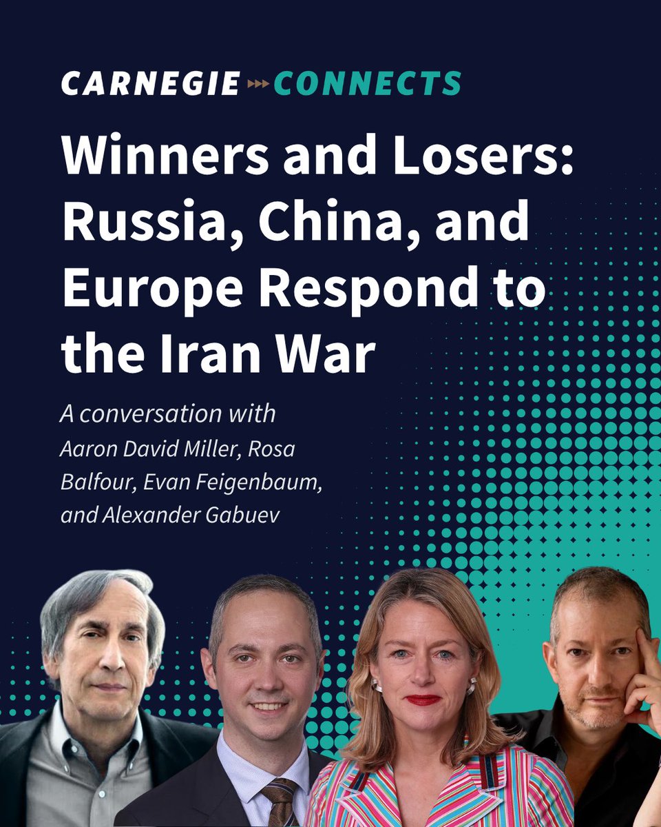 CarnegieEndow's tweet photo. As the Iran war nears the one-month mark, questions come up about alliances on both sides. Why haven’t Russia and China mounted a stronger defense of Iran? Will Europe bend to the pressure to support President Trump’s aims?

@EvanFeigenbaum, @AlexGabuev, and @RosaBalfour join @aarondmiller2 to discuss.

March 30, 10:15am EDT, live online. RSVP: https://t.co/wfg7iXztiw